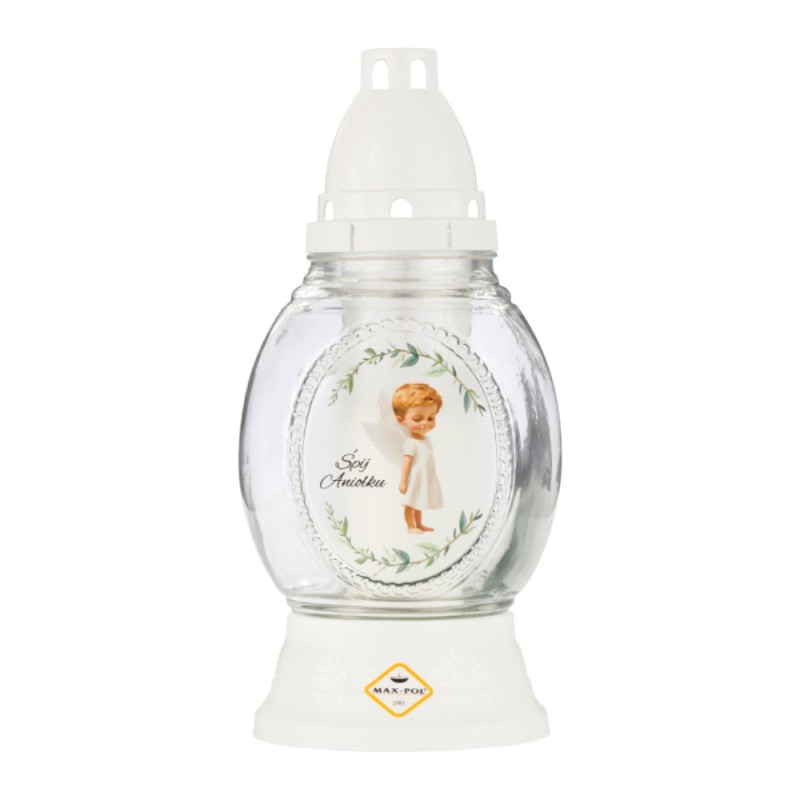 Candela din Sticla cu Ingeras, Alba, 28 Ore