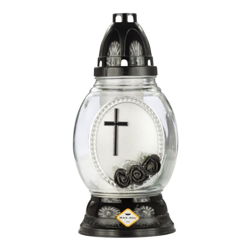 Candela din Sticla, Model Cruce si Trandafiri, Neagra
