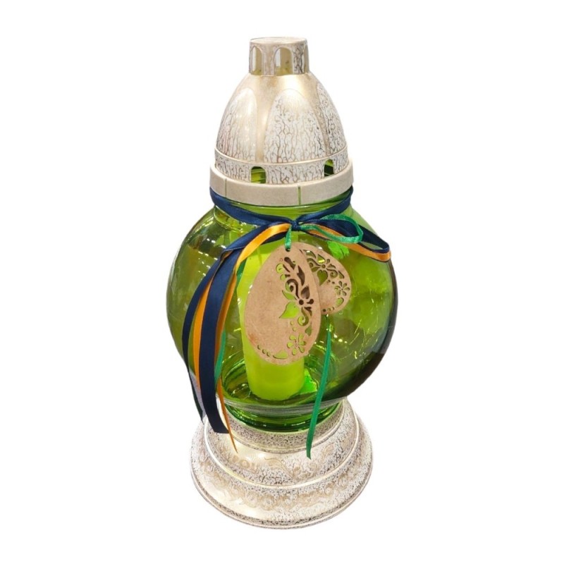 Candela din Sticla, Verde / Argintiu, Model Ou cu Fundita, PM-958-VG