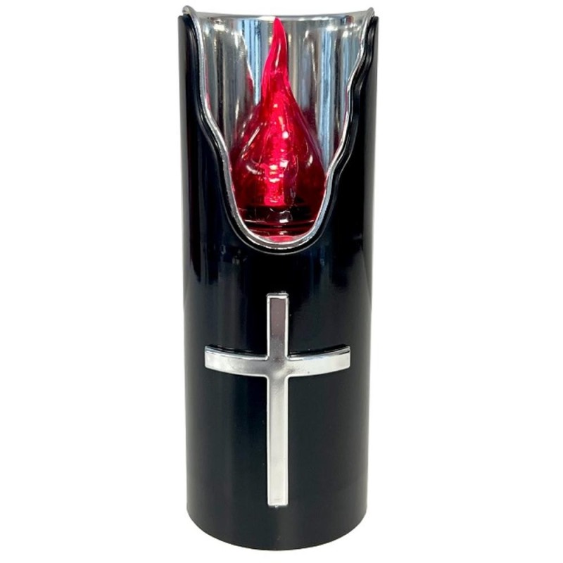 Candela Electronica Neagra, Flacara Rosie, Ornament Cruce Argintie, 125 x 50 mm, 50 Zile