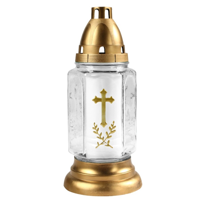 Candela Felinar din Sticla Alb cu Capac Auriu, Cruce Aurie, 36 Ore