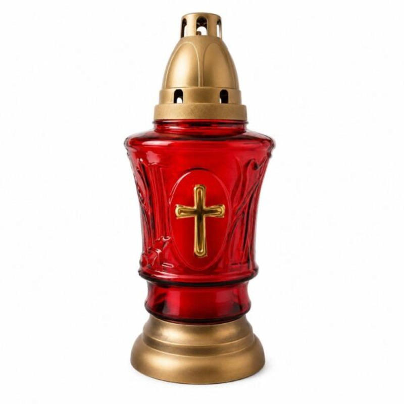 Candela Sticla Rosie cu Ornament Alb-Auriu, Cruce Vitraliu