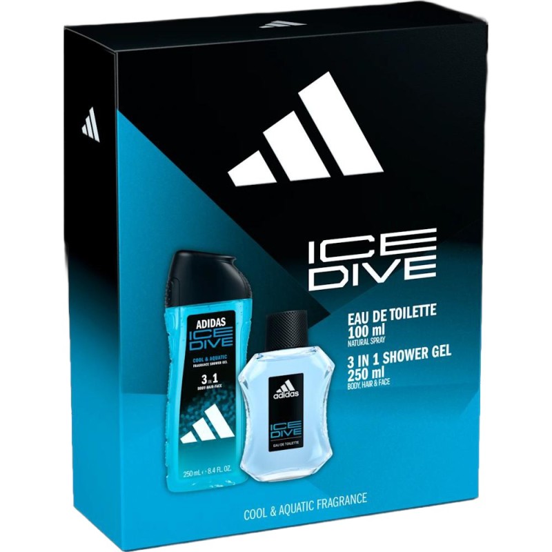 Caseta Cadou Barbati Adidas Ice Dive, Apa de Toaleta 100 ml, Gel de Dus 250 ml