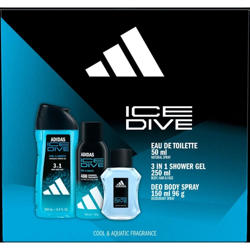 Caseta Cadou Barbati Adidas Ice Dive, Apa de Toaleta 50 ml, Deodorant 150 ml, Gel Dus 250 ml