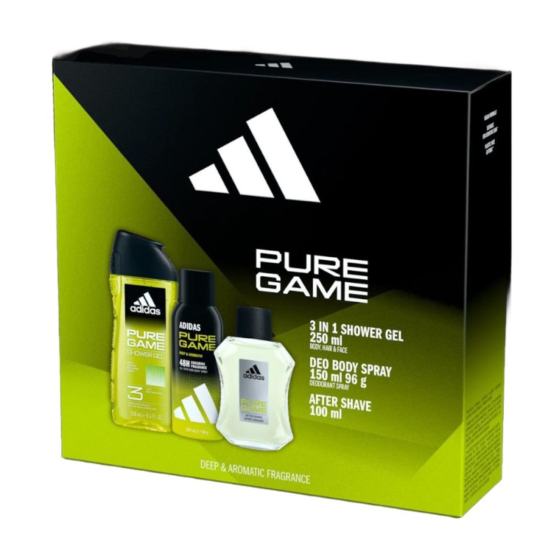 Caseta Cadou Barbati Adidas Pure Game, After Shave Lotiune 100 ml, Deodorant Spray 150 ml, Gel Dus 250 ml