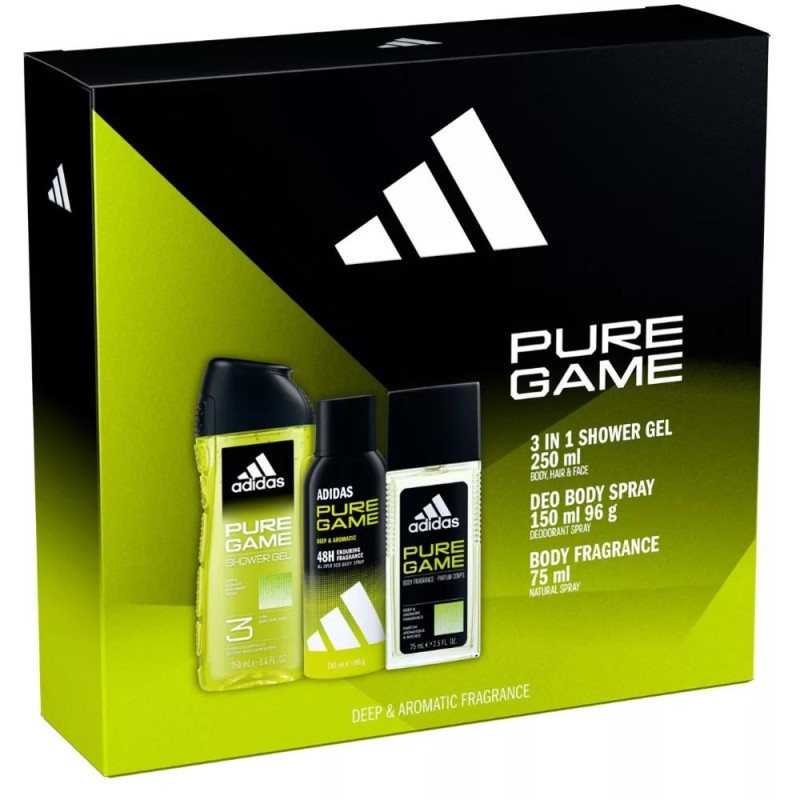 Caseta Cadou Barbati Adidas Pure Game, Deodorant Natural Spray 75 ml, Deo Spray Corp 150 ml, Gel Dus 250 ml