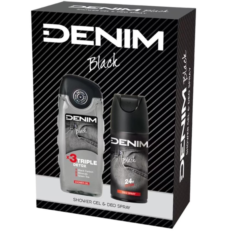Caseta Cadou Barbati Denim Black, Deodorant 150 ml, Gel Dus 250 ml