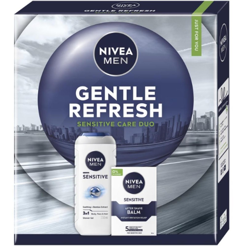 Caseta Cadou Barbati Nivea Gentle Refresh Sensitive, Gel Dus 250 ml, Balsam dupa Ras 100 ml
