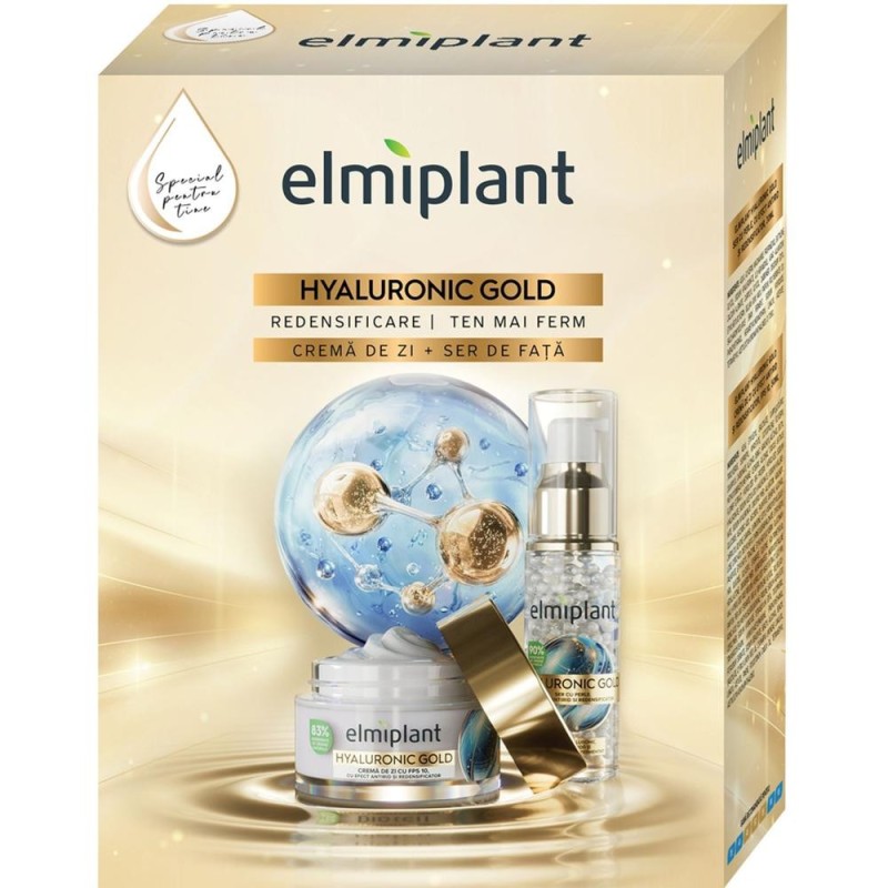 Caseta Cadou Elmiplant Hyaluronic Gold, Crema Zi 50 ml, Ser Fata 30 ml