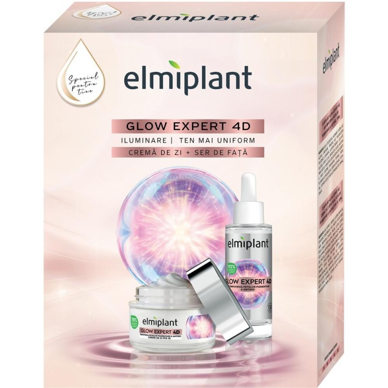 Caseta Cadou Femei Elmiplant Glow Expert 4D, Crema Zi 50 ml, Ser Fata 30 ml