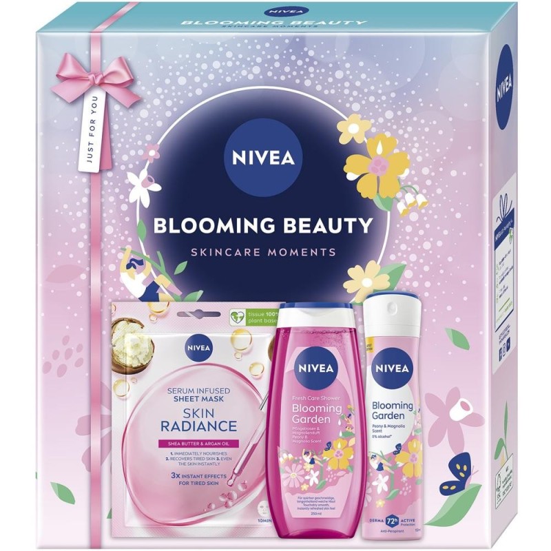 Caseta Cadou Femei Nivea Blooming Beauty, Gel Dus 250 ml, Deodorant Spray 150 ml, Masca Servetel Skin Radiance