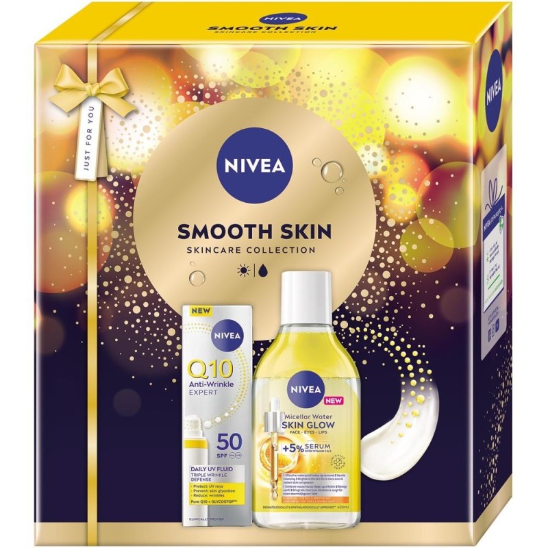Caseta Cadou Femei Nivea Smooth Skin Q10, Fluid de Zi SPF 50 40 ml, Apa Micelara Skin Glow 400 ml