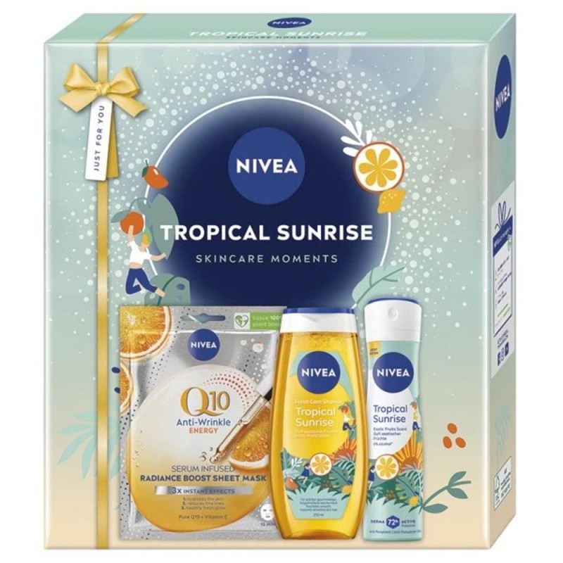 Caseta Cadou Femei Nivea Tropical Sunrise, Gel Dus 250 ml, Deodorant Spray 150 ml, Masca Servetel Q10 Energy
