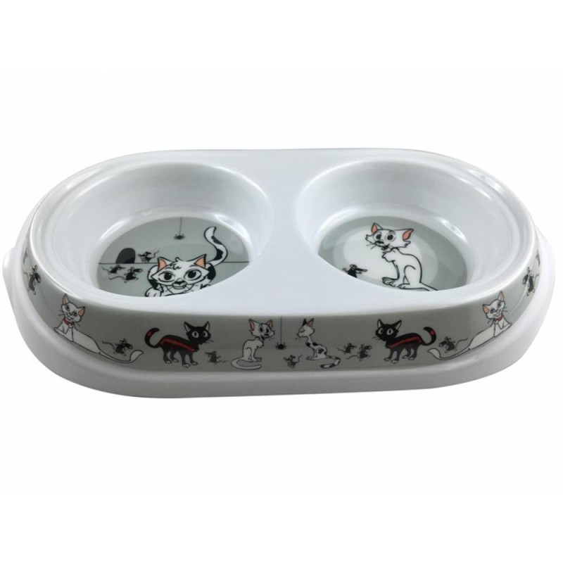 Castron Dublu din Plastic, Marime L, Alb Marmorat, M-Pets