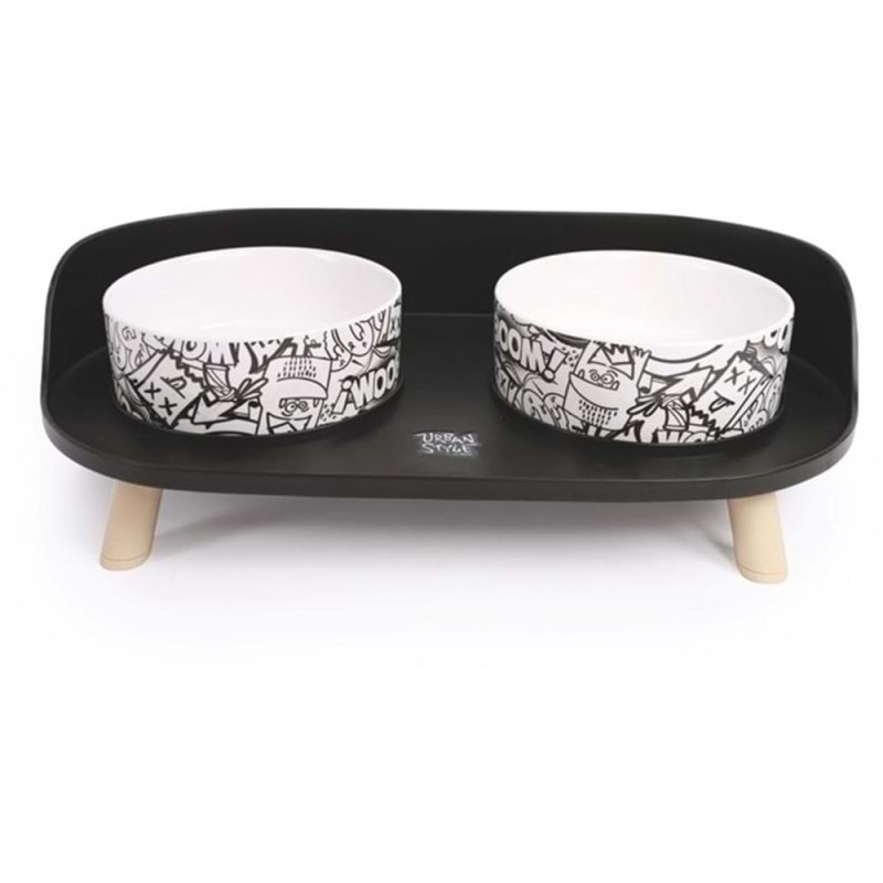 Castron Dublu Inaltat pentru Animale Altitude Urban Style, Negru/Alb, M-Pets