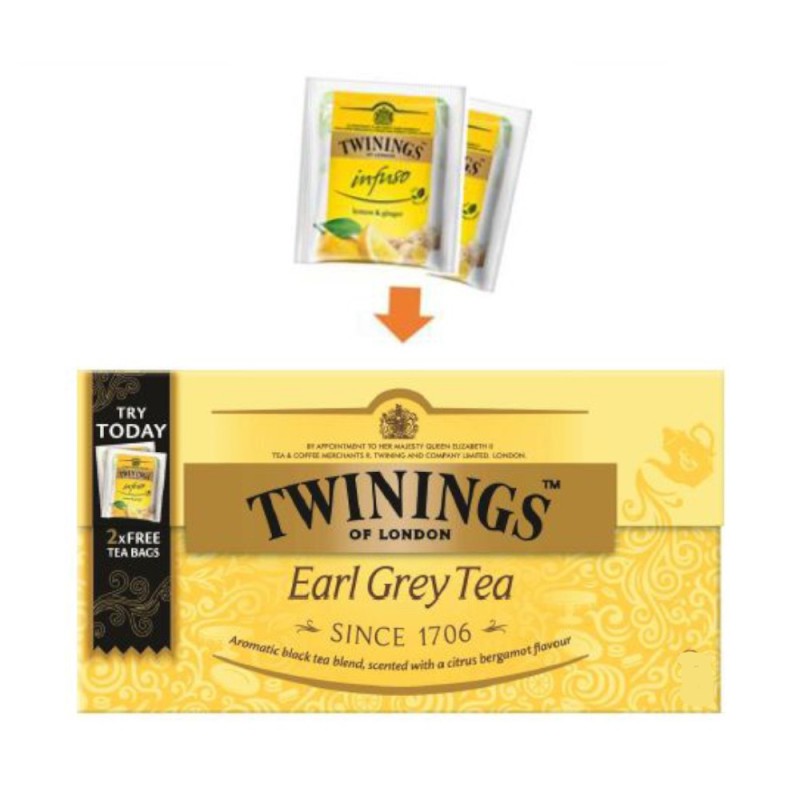 Ceai Negru Twinings, Earl Grey, 12 x 1.96 g + 2 Plicuri de Ceai Infuso