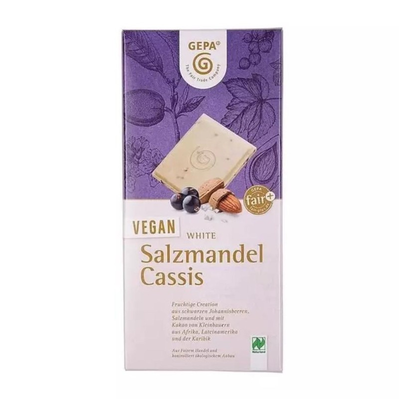 Ciocolata Alba Bio Vegan cu Migdale Sarate si Coacaze, 100 g, Gepa