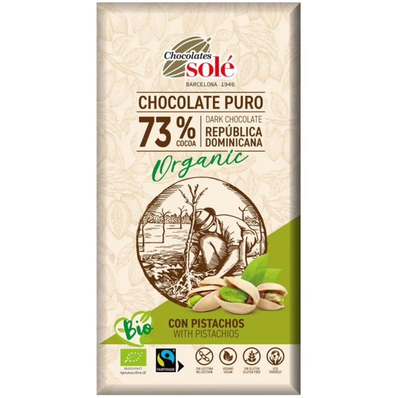 Ciocolata cu 73% Cacao si Fistic Bio, Chocolates Sole, 135 g