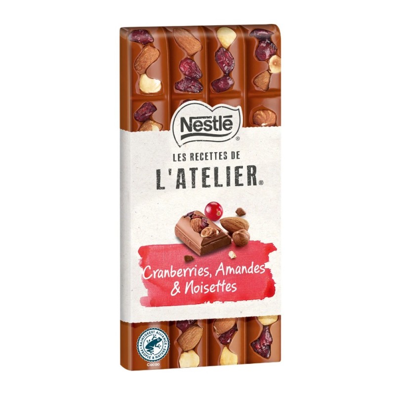 Ciocolata cu Lapte, Nestle, cu Merisoare Confiate, Migdale si Alune de Padure L'atelier, 170 g