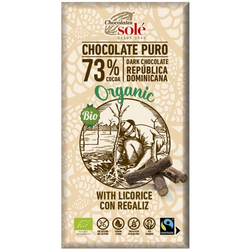 Ciocolata Neagra BIO cu Lemn Dulce 73% Cacao, 100 g, Chocolates Sole