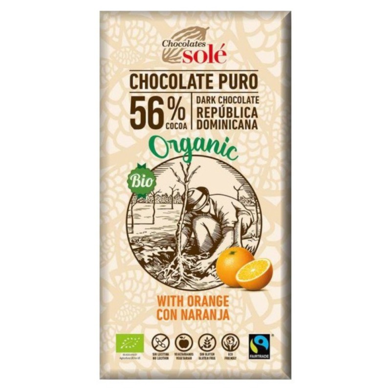Ciocolata Neagra BIO cu Portocale, 56% Cacao, 100 g, Chocolates Sole