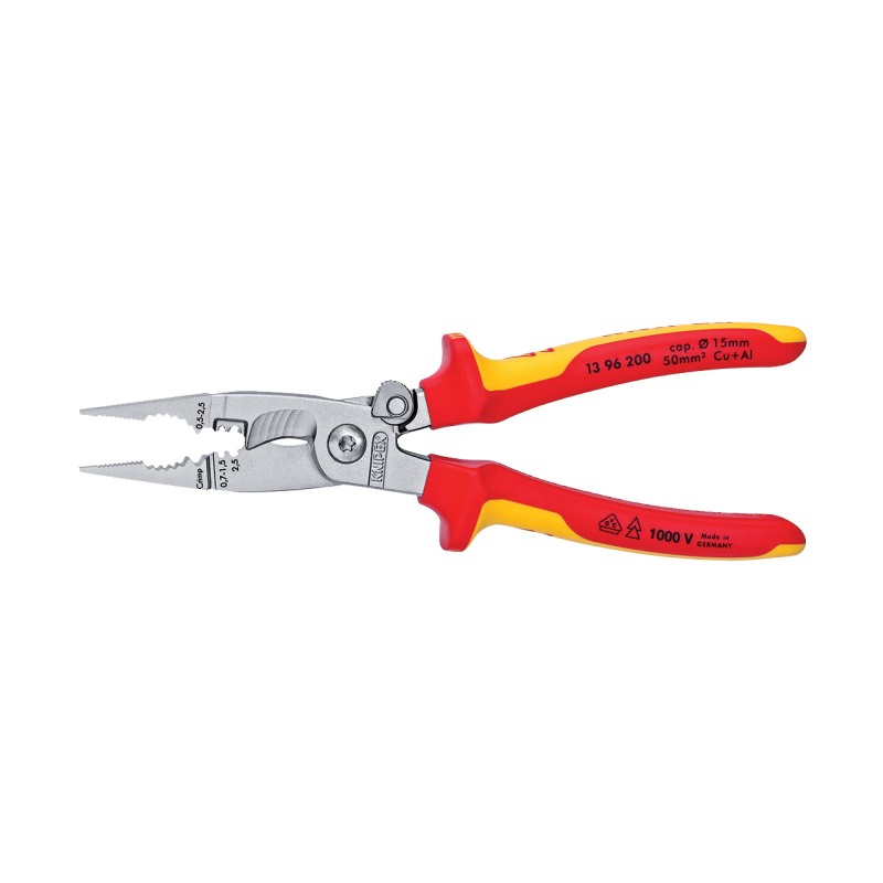 Cleste Multifunctional pentru Electricieni, cu Sistem de Blocare, cu Suprafata Cromata si Manere cu Manson Bicomponent Vde 1000