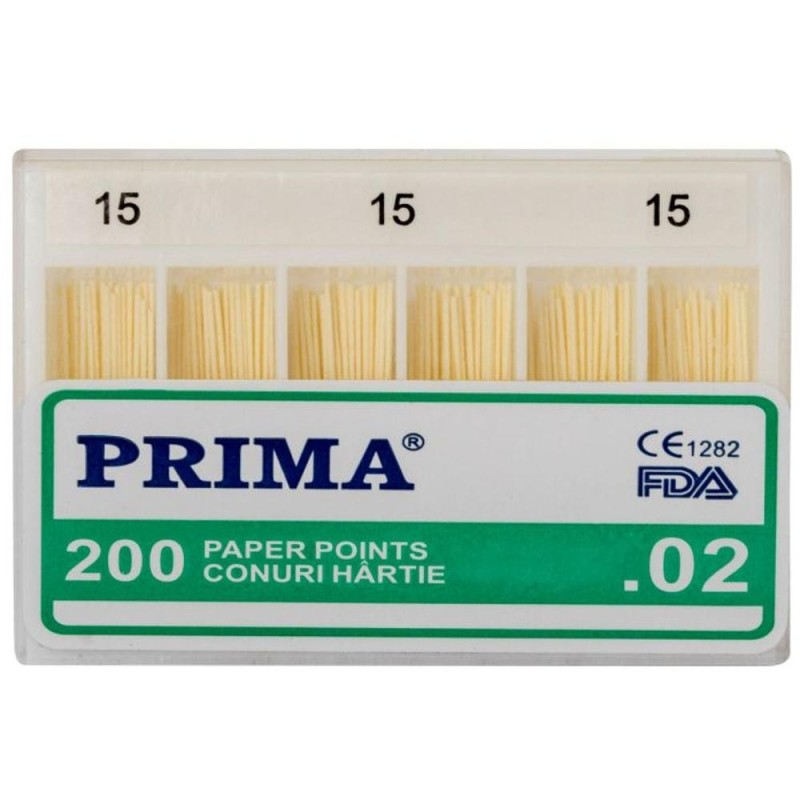 Conuri din Hartie Absorbanta .02 Taper, Nr.15, pentru Uscarea Canalelor Radiculare, Prima, 200 Bucati