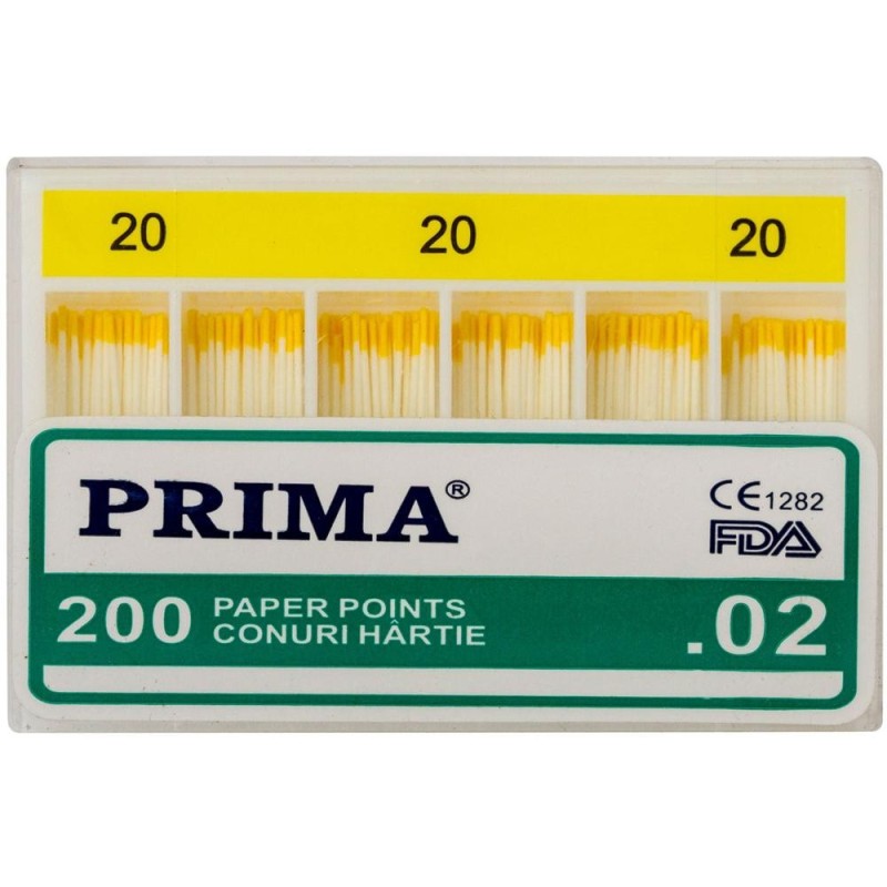 Conuri din Hartie Absorbanta .02 Taper, Nr.20, pentru Uscarea Canalelor Radiculare, Prima, 200 Bucati