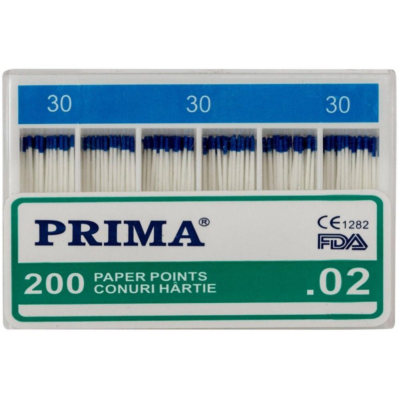 Conuri din Hartie Absorbanta .02 Taper, Nr.30, pentru Uscarea Canalelor Radiculare, Prima, 200 Bucati