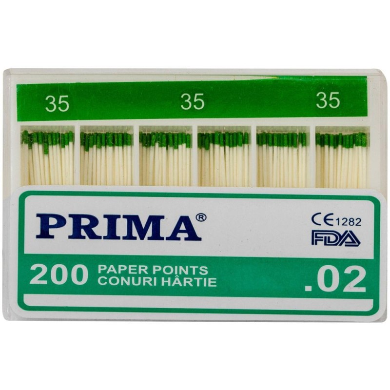 Conuri din Hartie Absorbanta .02 Taper, Nr.35, pentru Uscarea Canalelor Radiculare, Prima, 200 Bucati