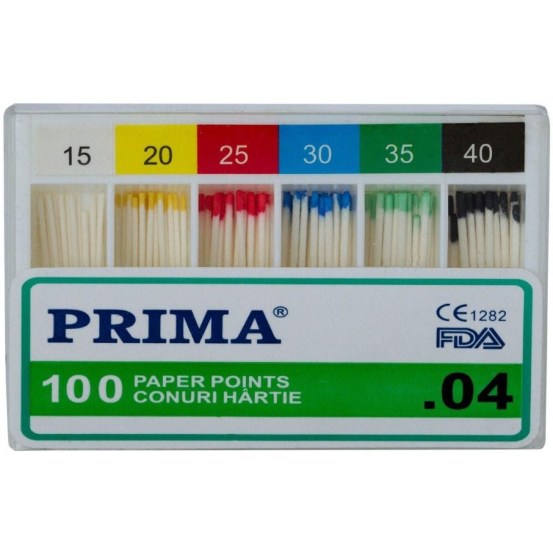 Conuri din Hartie Absorbanta .04 Taper, Asortate Nr.15-40, pentru Uscarea Canalelor Radiculare, Prima, 100 Bucati