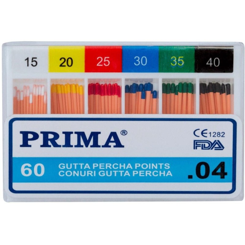 Conuri Gutta Percha .04 Taper, Asortate Nr.15-40, pentru Obturare Canale Radiculare, Prima, 60 Bucati