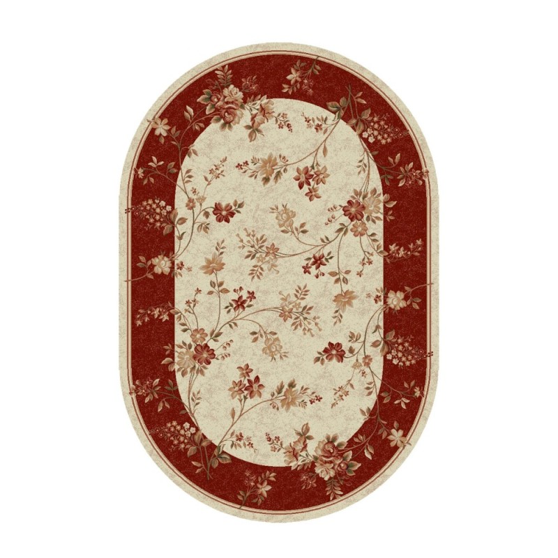 Covor Oval, 100 x 200 cm, Crem / Rosu, Model Flori Lotos