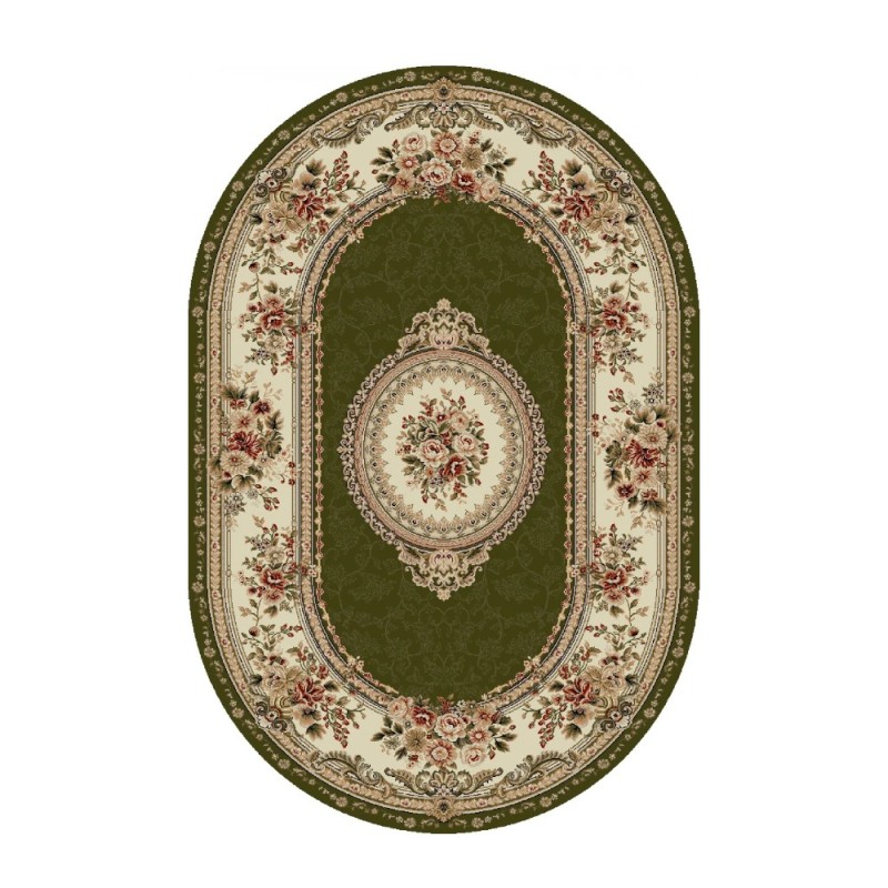 Covor Oval, 80 x 150 cm, Verde / Crem, Model Floral Lotos