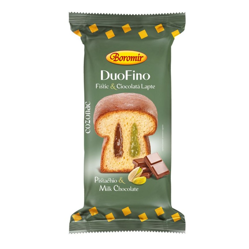 Cozonac cu Crema de Fistic si Ciocolata cu Lapte Boromir Duofino, 400 g