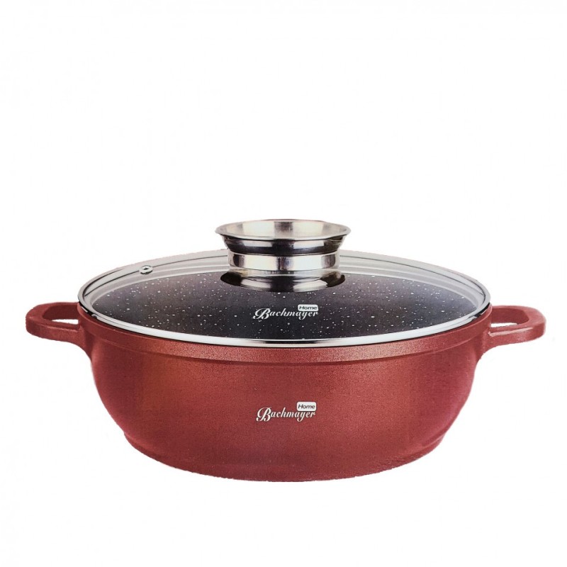 Cratita Plata Antiaderenta cu Capac Sticla, 28 cm, Burgundy, Bachmayer