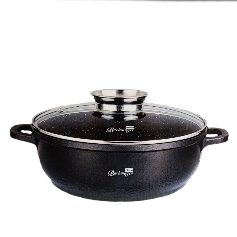 Cratita Plata Antiaderenta cu Capac Sticla, 28 cm, Negru, Bachmayer