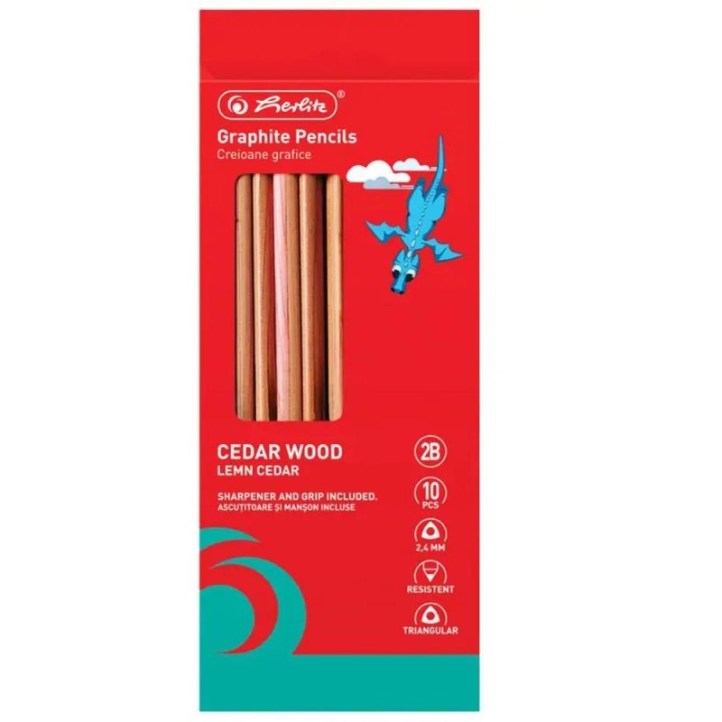 Creion Grafit 2B Lemn Triunghiular, 2.4 mm, Corp Rosu, 10 Bucati si Manson/Ascutitoare
