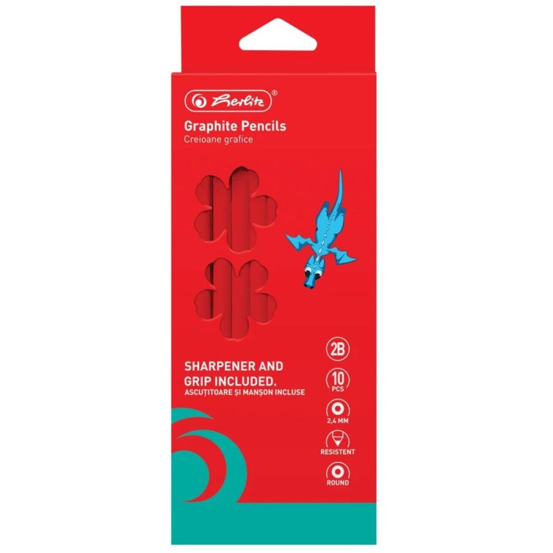 Creion Grafit 2B Rotund, 2.4 mm, Corp Rosu, 10 Bucati si Manson/Ascutitoare