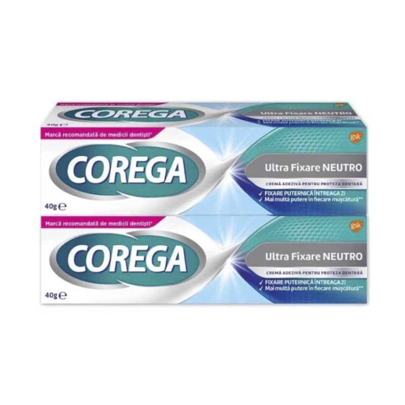 Crema Adeziva pentru Proteze Corega Duo Pack Neutro, 40 g, 2 Bucati