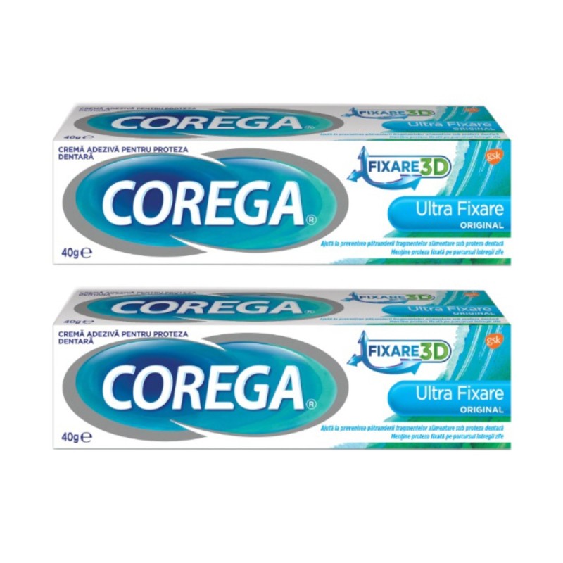 Crema Adeziva pentru Proteze Corega Duo Pack Ultra Fixare, 40 g, 2 Bucati