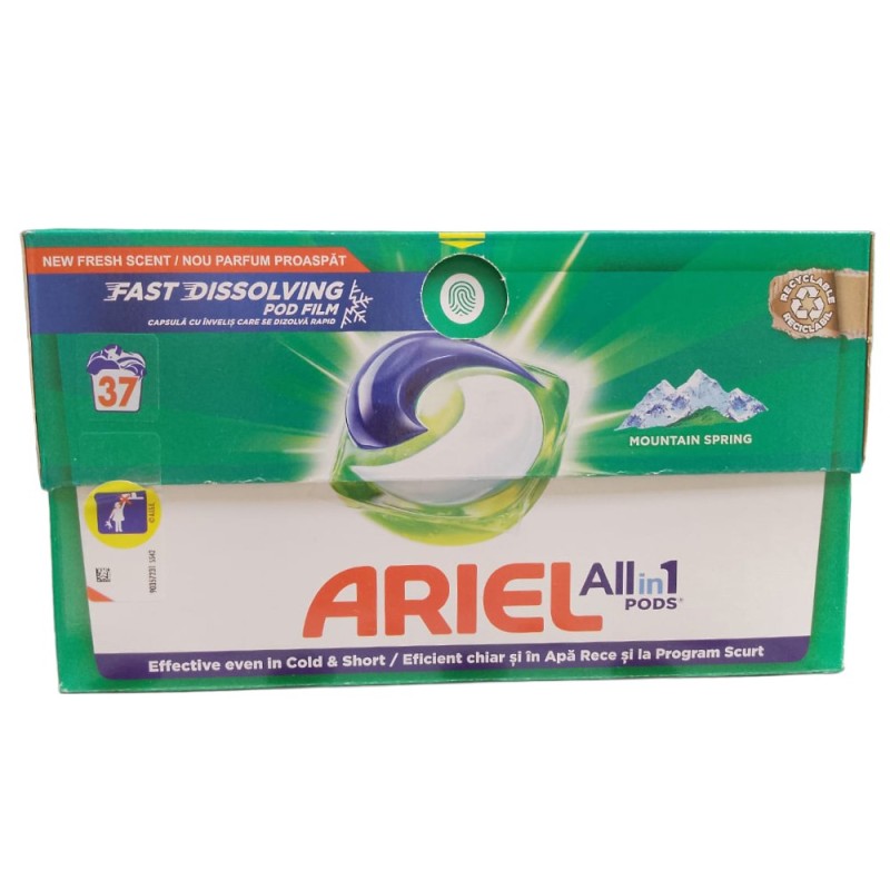 Detergent Capsule Ariel All in One PODS Mountain Spring, Cold Boost, 37 Spalari