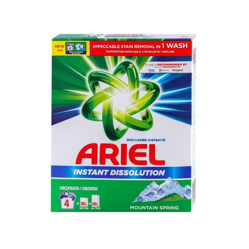 Detergent de Rufe Pudra Automat Ariel, Mountain Spring, 300 g, 4 Spalari
