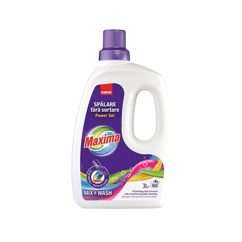 Detergent Gel pentru Rufe Sano Maxima Power Gel Mix, & Wash 3 l, 60 Spalari