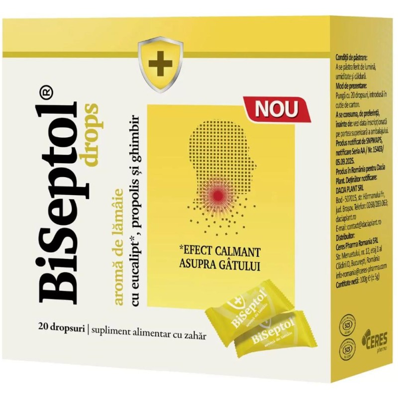 Dropsuri Biseptol cu Aroma de Lamaie, 100 g, 20 Dropsuri
