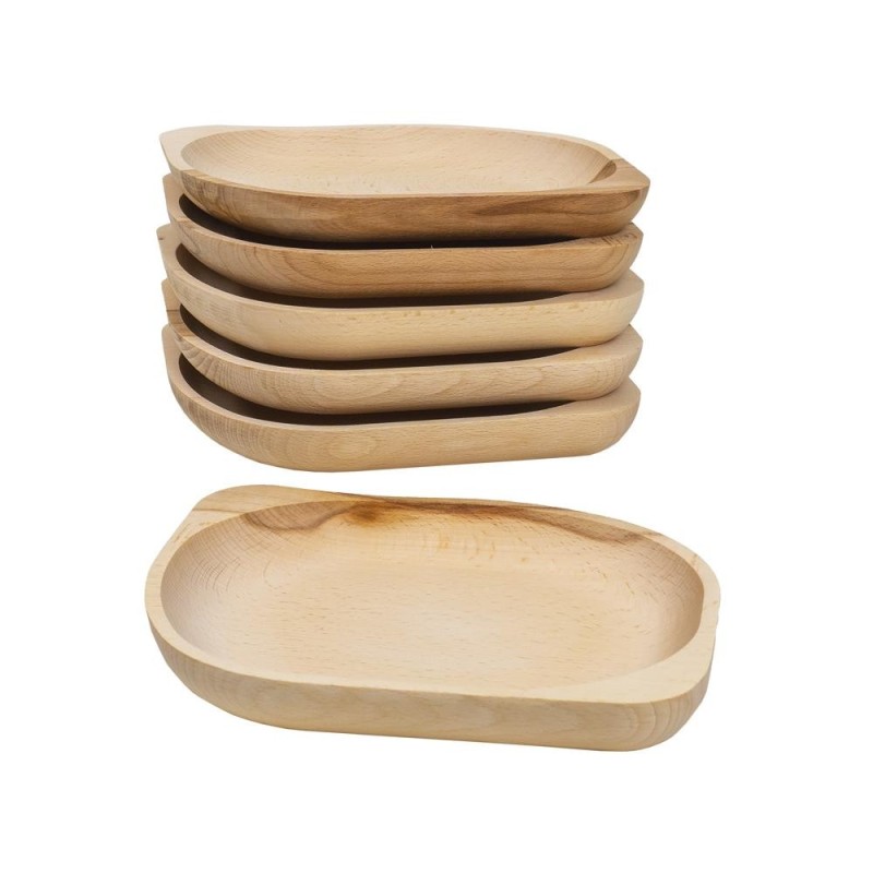 Farfurii Ovale Mici, Lemn de Fag, 23 x 20 cm, 6 Bucati