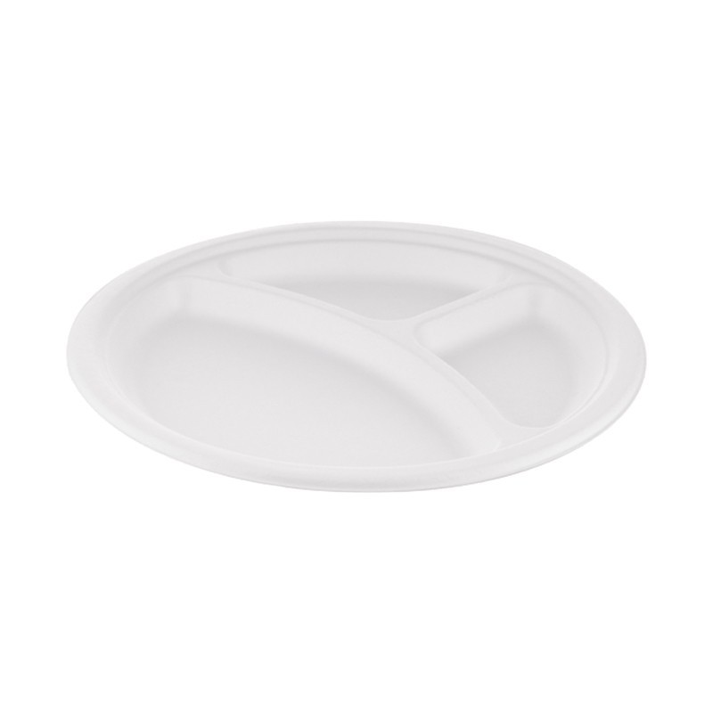 Farfurii Trestie, Biodegradabile, Compostabile, 3 Compartimente Rotunde, Albe, 26 cm, 125 buc