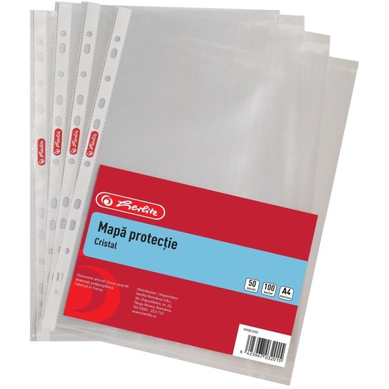 Folii Plastic A4 cu Perforatii, 50 Microni, 100 de Bucati, Herlitz