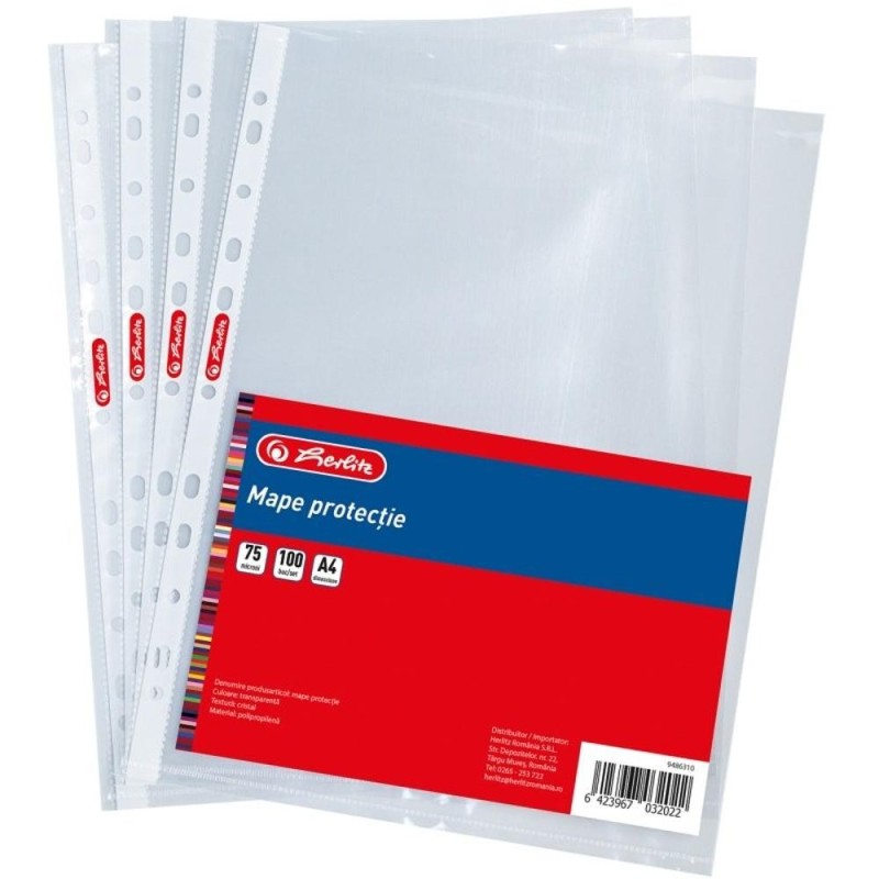 Folii Plastic A4 cu Perforatii, 75 Microni, 100 de Bucati, Herlitz