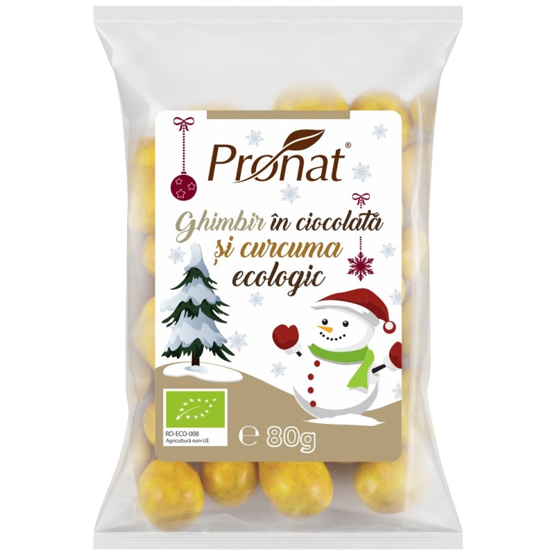 Ghimbir Glazurat in Ciocolata Alba cu Turmeric/Curcuma, Bio, 80 g